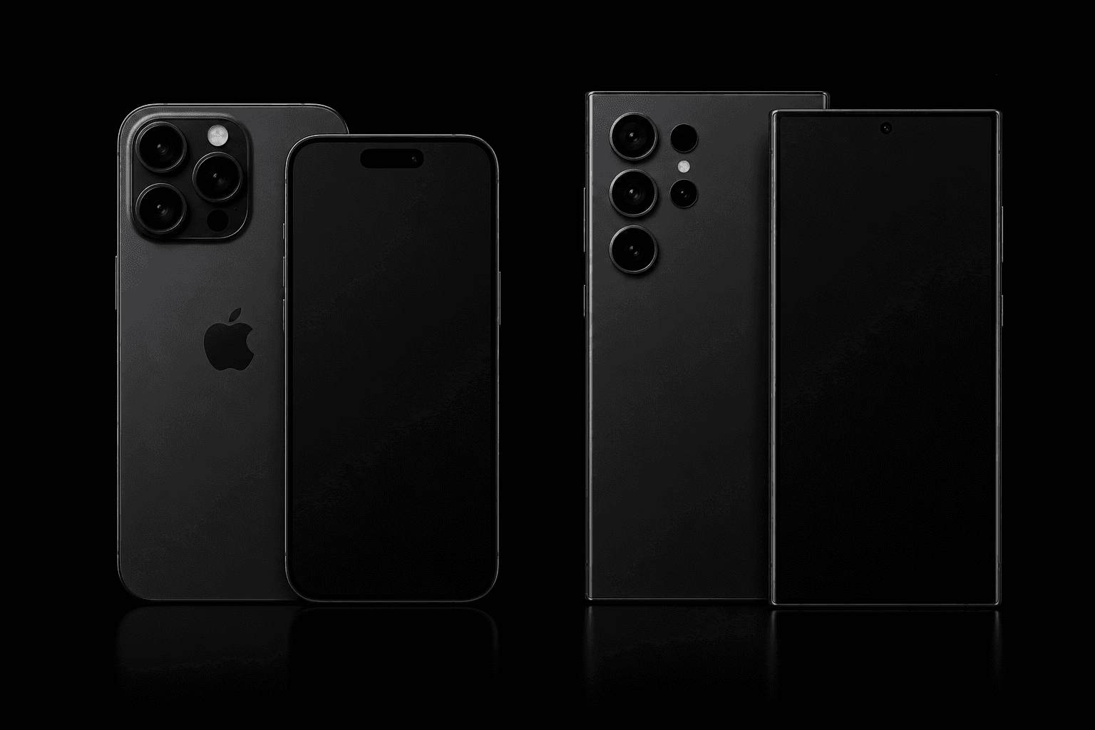 फ़ोन — काले रंग की पृष्ठभूमि पर iPhone Pro और Samsung Galaxy